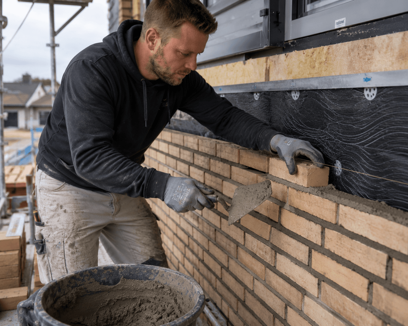 Murer arbejder med mursten og mørtel på et byggeprojekt.