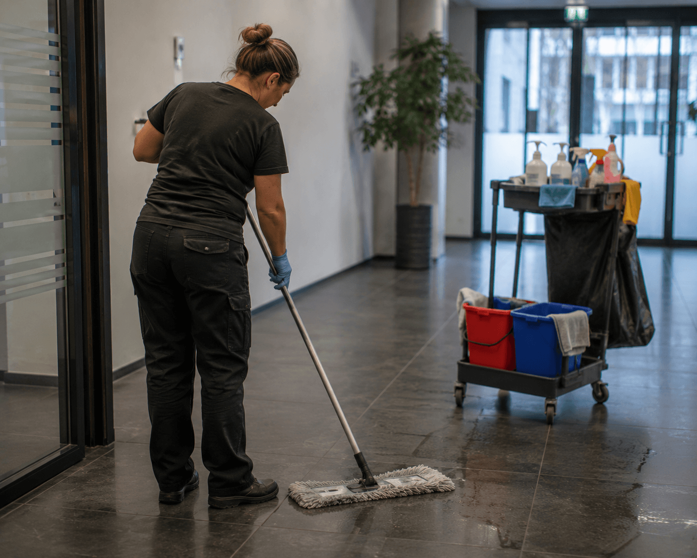 Rengøringsfolk i arbejde Rengøringsfolk udfører professionel rengøring.